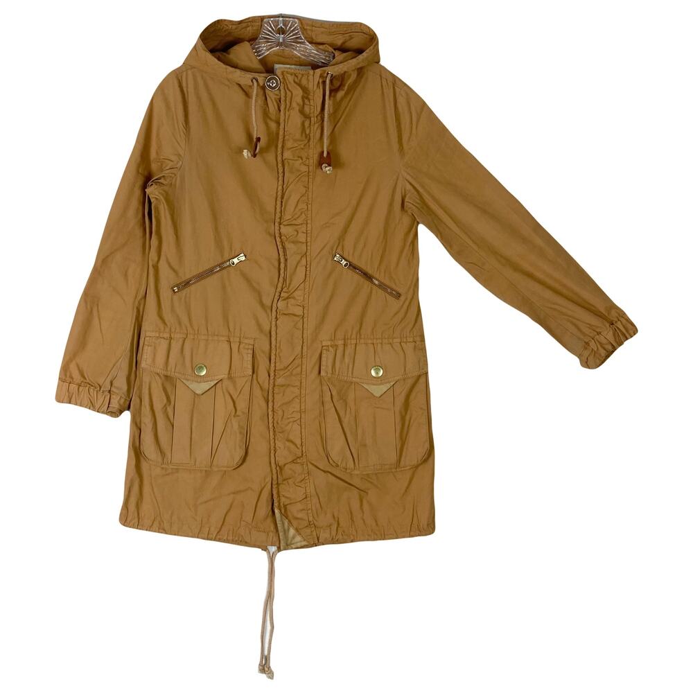 TOUT A COUP Jacket S Beige Tan Hooded Full-Zip Snaps Drawstring Long-Slv